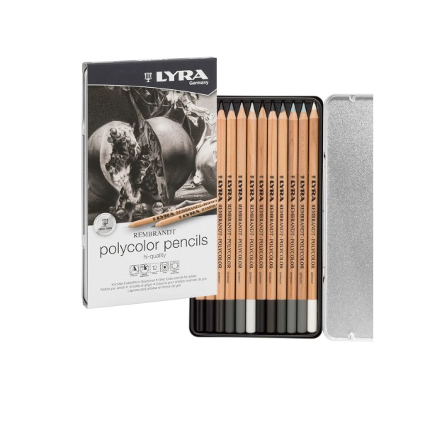 LYRA - Assorted metal pencil case 12 polycolour pencils grey tones