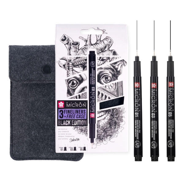 Sakura Pigma Micron set of 3 calibrated markers ‘Black’ edition