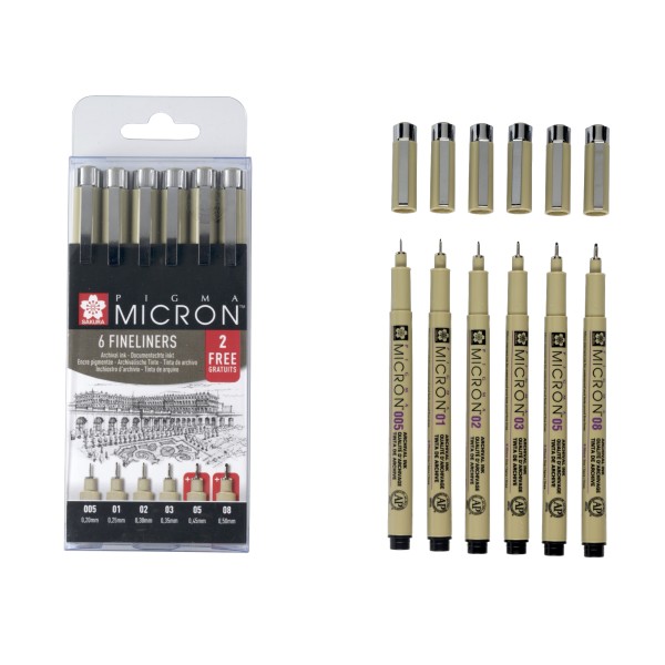 Sakura Pigma Micron set de 6 Rotuladores Calibrados + 2 GRATIS