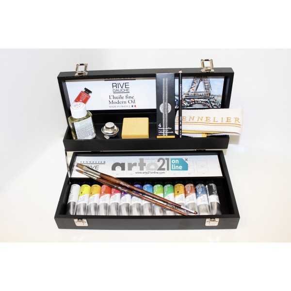 Caja de madera 14x40ml tubos óleo Rive Gauche + accesorios Sennelier