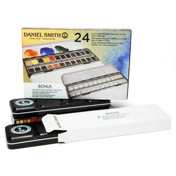 Acuarela Daniel Smith 24 medias godet y caja vacía.