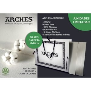 ARCHES Papel Acuarela 300gr 100% Algodón GRANO FINO – 10 Hojas 56x76 cm + Carpeta