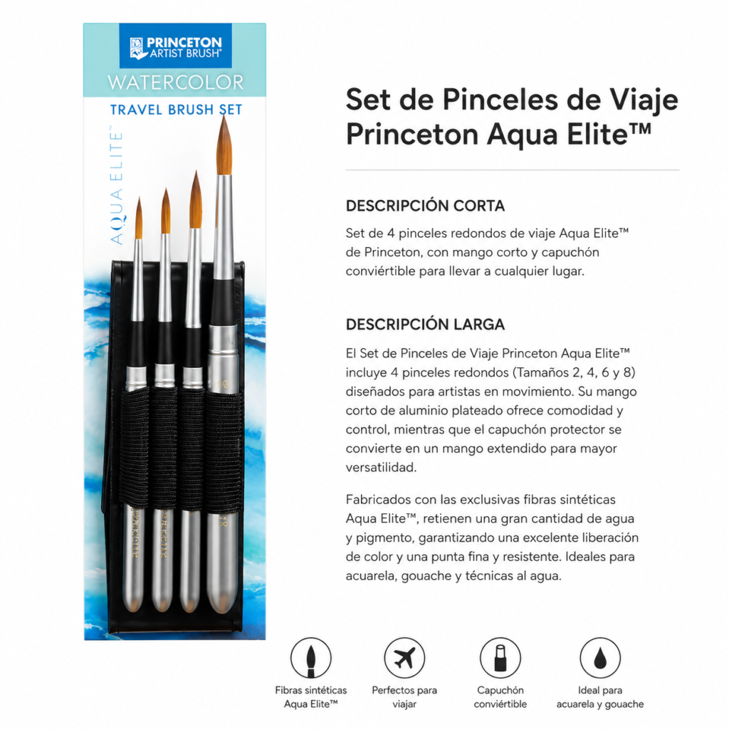 Set de Pinceles de Viaje Princeton Aqua Elite Redondos nº 4, 6, 8 y 10 con Funda