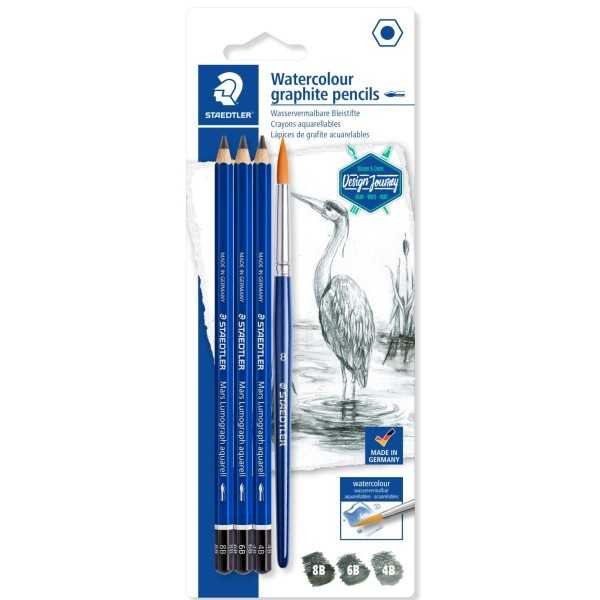 Set de 3 Lapices Staedler Lumograph Acuarelable + Pincel nº8