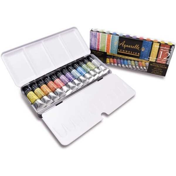Caja Metálica Acuarela Sennelier 12 Tubos de 10ml. y Pincel - Colores Iridiscentes